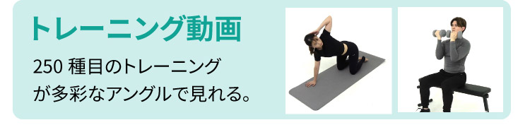 トレーニング動画：250種類のトレーニングが多彩なアングルで見られる。