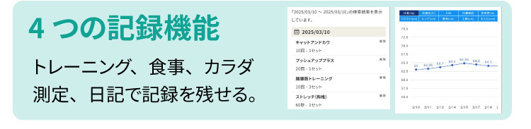 4つの記録機能：トレーニング、食事、カラダ測定、日記で記録を残せる。